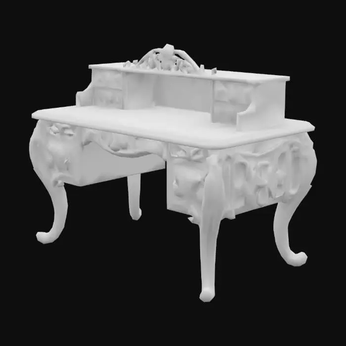 3D model for low poly Art Nouveau desk  rich deep colors fine wood grain with a butterfly style