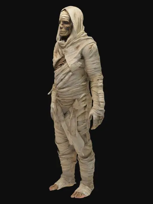 3D model for A hyperrealistic, full-body 3D model of a mummy, completely wrapped in ancient, decaying bandages from head to toe. The model should include detailed textures on the head, torso, arms, and legs, with realistic folds and tattered rags that show wear and age.
