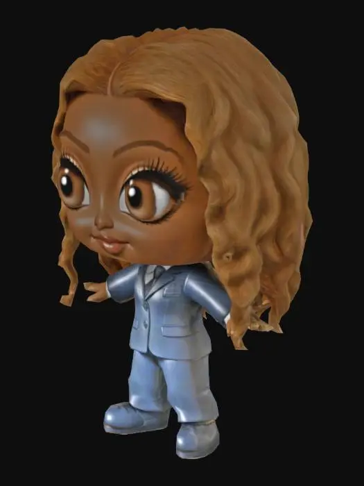 3D model for Beyoncé. Chibi art style. Highly stylized. Dressed in a suit Ensure all walls and elements are at least 2mm thick. Include bold, recessed elements at least 2mm deep. Keep lines crisp and clean. Embossed elements to rise at least 2mm above the surface. Recessed engraved details at least 2mm deep for clarity. Do not disturb. , T-pose, Corpo Simétrico