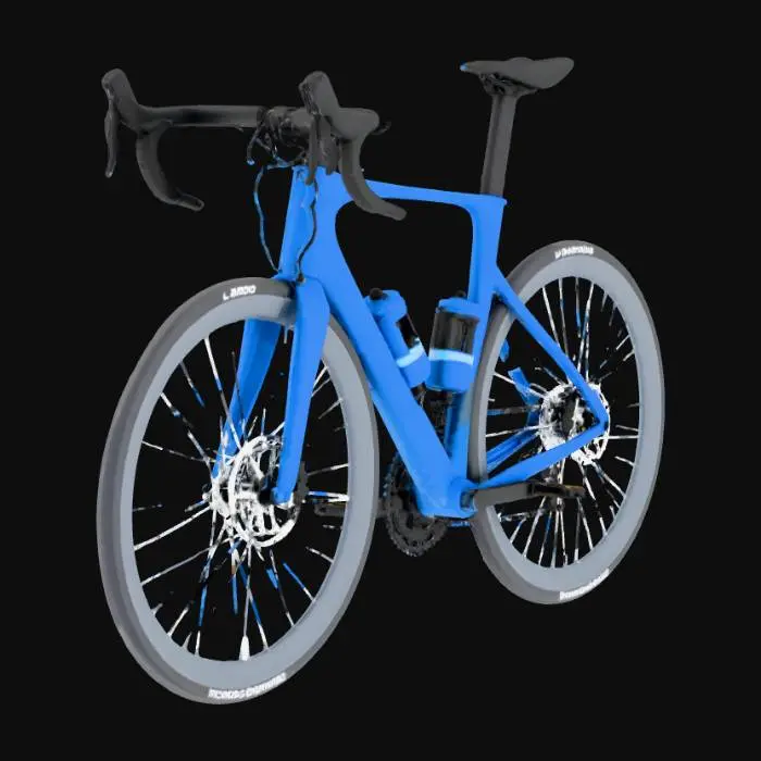 3D model for A 3d model of a blue high-end road bike, 21 gears, front and back derailleurs, with SHIMANO integrated shifters, two cycling bottles. Lighting: 120 degrees