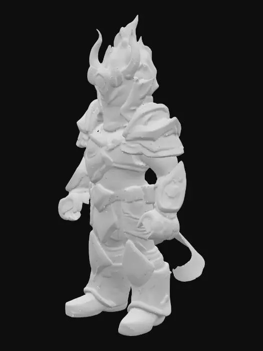 3D model for Create a Roblox-style 3D Fire Warrior model based on this sketch. Use R15 proportions: robust torso, thick limbs, distinct head shape. Armor appears forged from living flame—jagged molten-edge pauldrons and gauntlets. Chestplate features a glowing stylized flame emblem. A demonic fire mask covers the face with bright orange eyes. Legs are layered scale-plates tapering into flame-shaped greaves. Apply an emissive orange-red material on flame parts and blackened metal accents on edges. Add a flickering particle flame aura around shoulders and feet. Clean low-to-mid poly meshes, UV-unwrapped for Roblox import. Output as FBX with separate mesh parts matching Roblox accessory conventions.