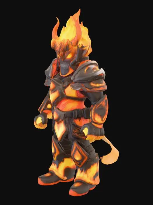 3D model for Create a Roblox-style 3D Fire Warrior model based on this sketch. Use R15 proportions: robust torso, thick limbs, distinct head shape. Armor appears forged from living flame—jagged molten-edge pauldrons and gauntlets. Chestplate features a glowing stylized flame emblem. A demonic fire mask covers the face with bright orange eyes. Legs are layered scale-plates tapering into flame-shaped greaves. Apply an emissive orange-red material on flame parts and blackened metal accents on edges. Add a flickering particle flame aura around shoulders and feet. Clean low-to-mid poly meshes, UV-unwrapped for Roblox import. Output as FBX with separate mesh parts matching Roblox accessory conventions.