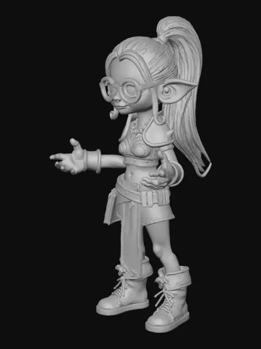 3D model for A nerdy orc girl with vibrant green skin and small tusks wears thick-rimmed glasses. Her dark, braided hair frames a thoughtful, focused expression. She stands confidently, firmly gripping a heavy, worn steel wrench. Her practical attire, made of coarse, dark fabric, complements her engineering aptitude.