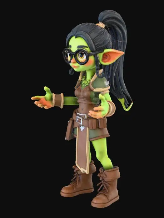 3D model for A nerdy orc girl with vibrant green skin and small tusks wears thick-rimmed glasses. Her dark, braided hair frames a thoughtful, focused expression. She stands confidently, firmly gripping a heavy, worn steel wrench. Her practical attire, made of coarse, dark fabric, complements her engineering aptitude.