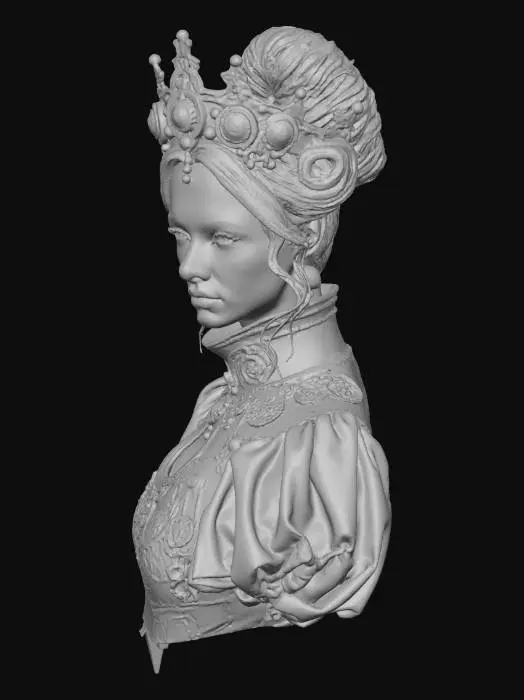 3D model for A regal steampunk queen bust, sculpted from intricate, interlocking cogs and polished brass. Her serene expression features crisp facial details, framed by hair woven with metallic springs and tiny gears. A high collar of precisely defined clockwork elements supports a majestic crown of rotating cog-wheels. The aged bronze and copper aesthetic is optimized for precise 3D printing, highlighting robust, intricate mechanical details.