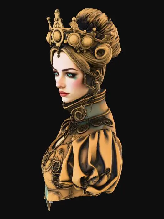 3D model for A regal steampunk queen bust, sculpted from intricate, interlocking cogs and polished brass. Her serene expression features crisp facial details, framed by hair woven with metallic springs and tiny gears. A high collar of precisely defined clockwork elements supports a majestic crown of rotating cog-wheels. The aged bronze and copper aesthetic is optimized for precise 3D printing, highlighting robust, intricate mechanical details.