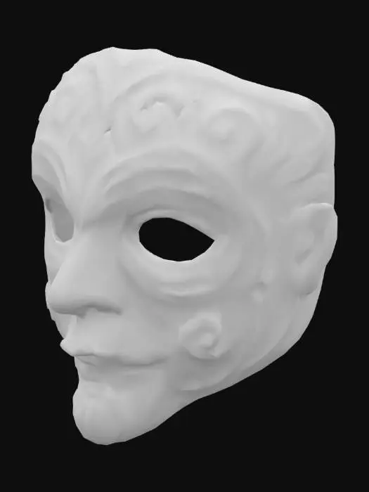 3D model for A soft, inflated claymorphism 3D model of a Zamna mask with exaggerated rounded edges. The tribal carvings are subtly embossed, and the eye sockets are deeply sculpted yet smooth. The mask has a rich matte texture with earthy tones and a mystical glow.