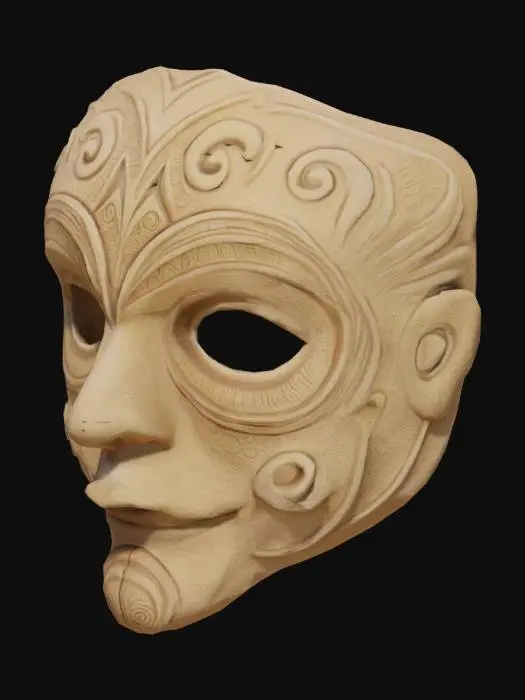 3D model for A soft, inflated claymorphism 3D model of a Zamna mask with exaggerated rounded edges. The tribal carvings are subtly embossed, and the eye sockets are deeply sculpted yet smooth. The mask has a rich matte texture with earthy tones and a mystical glow.