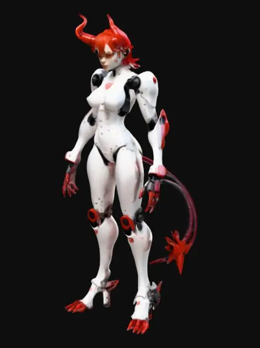 3D model for 3D female robot "Hellgirl," 200 mm tall, for FDM printing and injection molding. Sleek, curvy torso (30x25x100 mm) in 3 segments (shoulders, chest, waist) with ball joints. Feminine head with red eyes, fiery hair, 10 mm horns. Articulated arms (80 mm) and legs (100 mm) with clawed hands, heeled boots. Black-red metallic look, flame engravings, flexible tail (50 mm). Cyberpunk-demonic style, high-detail, minimal supports. STL for SketchUp.