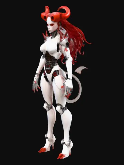 3D model for 3D female robot "Hellgirl," 200 mm tall, for FDM printing and injection molding. Sleek, curvy torso (30x25x100 mm) in 3 segments (shoulders, chest, waist) with ball joints. Feminine head with red eyes, fiery hair, 10 mm horns. Articulated arms (80 mm) and legs (100 mm) with clawed hands, heeled boots. Black-red metallic look, flame engravings, flexible tail (50 mm). Cyberpunk-demonic style, high-detail, minimal supports. STL for SketchUp.