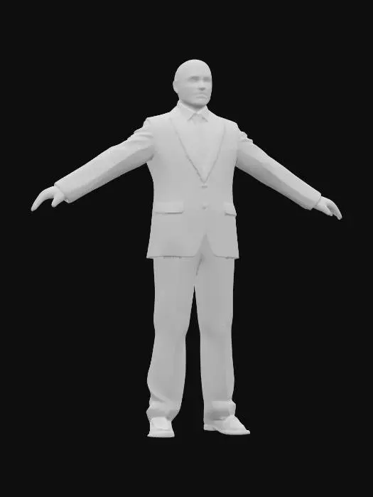 3D model for Ultra-realistic 3D model of Vladimir Putin, full body, wearing a tailored black suit with a white shirt and a red tie, standing with arms outstretched horizontally, neutral expression, detailed facial features, realistic skin texture, T pose.