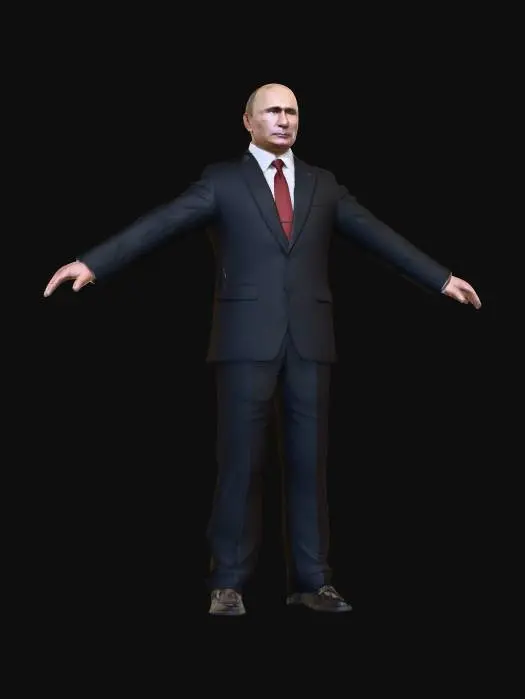 3D model for Ultra-realistic 3D model of Vladimir Putin, full body, wearing a tailored black suit with a white shirt and a red tie, standing with arms outstretched horizontally, neutral expression, detailed facial features, realistic skin texture, T pose.