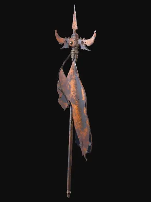 3D model for A rusted battle standard, crowned with four shattered blades, that erupted from the ground.
