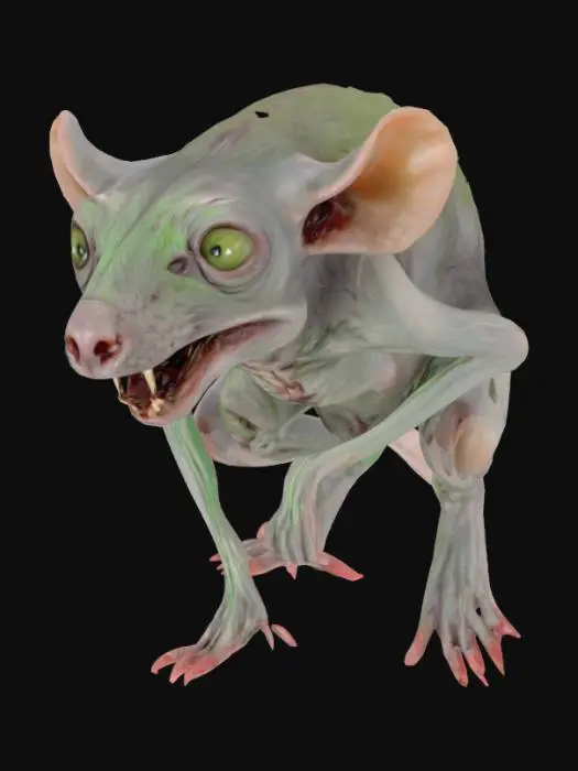 3D model for A grotesque, mutated rat with elongated, gnarled limbs and hunched posture. Its skin is a patchwork of diseased, leathery grey and putrid green, stretched taut over visible skeletal protrusions. Patches of coarse, matted fur, caked with grime and dried blood, cling to its spine. Its eyes are sunken, pinprick orbs of dull yellow, set in a skull-like head with exposed, overgrown incisors that gleam with a sickly, bone-like sheen.