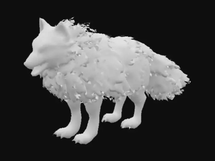 3D model for 6.1ft tall at the shoulder, feral, quadrupedal, dire wolf, flowery wolf, leaf for fur, large K9-teeth,  Pink Peddles around neck or scruff, blue eyes, 