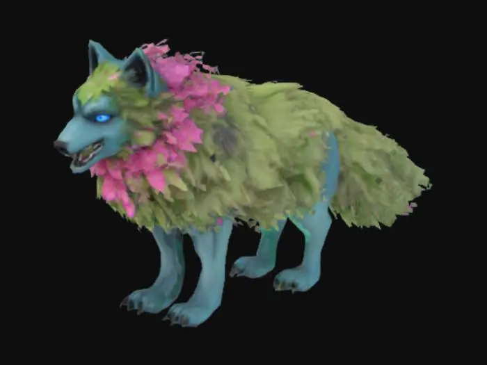 3D model for 6.1ft tall at the shoulder, feral, quadrupedal, dire wolf, flowery wolf, leaf for fur, large K9-teeth,  Pink Peddles around neck or scruff, blue eyes, 