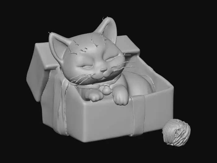 3D model for - black cat, cute with large blueish green eyes. has a collar on with a brass spherical bell. the collar has a bow on it, the same light pink color as it's collar.

- sleeping inside a tipped over Christmas present, 
- Christmas present is open. it's wrapped in red, white and green ribbon. with a simple wrapping rapper colored red.
- Ball or yarn outside the Christmas present that's Yellow.