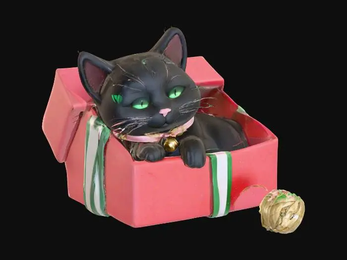 3D model for - black cat, cute with large blueish green eyes. has a collar on with a brass spherical bell. the collar has a bow on it, the same light pink color as it's collar.

- sleeping inside a tipped over Christmas present, 
- Christmas present is open. it's wrapped in red, white and green ribbon. with a simple wrapping rapper colored red.
- Ball or yarn outside the Christmas present that's Yellow.