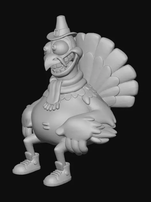 3D model for Thanksgiving turkey character posed as if sitting on a bench (bench not included), Ren & Stimpy–inspired 90s gross-out cartoon style: thick ink outlines, rubber-hose limbs, bulging eyes, exaggerated goofy grin, hand-painted feather clumps, saturated limited palette, toon shading, strong squash & stretch. Accessories: tiny pilgrim hat tilted, knitted scarf, dangling high-top sneakers. Surface: slightly grubby, paint speckle, matte finish. Production: game-ready, UV-unwrapped, single watertight mesh, no base/stand, exclude bench and any props, no background (transparent if possible). Pivot at hips, height ~120 cm., #Thanksgiving#