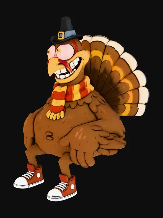 3D model for Thanksgiving turkey character posed as if sitting on a bench (bench not included), Ren & Stimpy–inspired 90s gross-out cartoon style: thick ink outlines, rubber-hose limbs, bulging eyes, exaggerated goofy grin, hand-painted feather clumps, saturated limited palette, toon shading, strong squash & stretch. Accessories: tiny pilgrim hat tilted, knitted scarf, dangling high-top sneakers. Surface: slightly grubby, paint speckle, matte finish. Production: game-ready, UV-unwrapped, single watertight mesh, no base/stand, exclude bench and any props, no background (transparent if possible). Pivot at hips, height ~120 cm., #Thanksgiving#