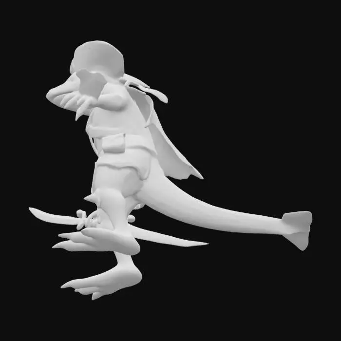 3D model for 3 tall and 1 inch wide miniature of an amphibious creature with manta ray wings. He is half fish and half man. He is a rogue with a tool belt with a rapier. He wears a pirate's hat and is a swashbuckler. His manta ray wings are spotted. He holds his arms to his side straight out to display his wings.