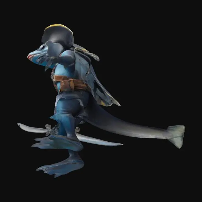 3D model for 3 tall and 1 inch wide miniature of an amphibious creature with manta ray wings. He is half fish and half man. He is a rogue with a tool belt with a rapier. He wears a pirate's hat and is a swashbuckler. His manta ray wings are spotted. He holds his arms to his side straight out to display his wings.