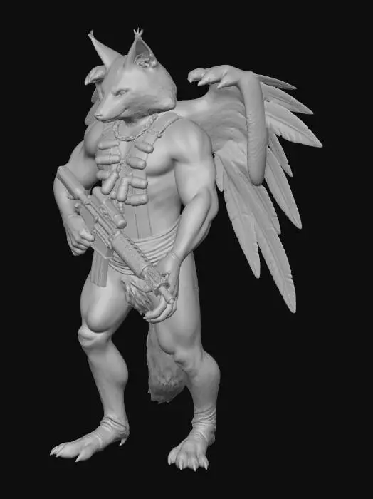 3D model for Make a hybrid of a lynx, cat, bear, eel, perigrine falcon, wolf, t-rex, and anglerfish, tarzier, and a human. Make it holding an AK47, and give it a row of grenades strapped along it's chest.