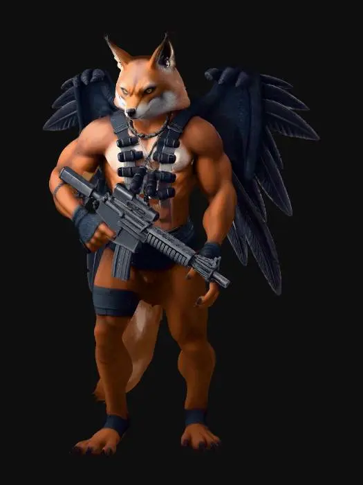 3D model for Make a hybrid of a lynx, cat, bear, eel, perigrine falcon, wolf, t-rex, and anglerfish, tarzier, and a human. Make it holding an AK47, and give it a row of grenades strapped along it's chest.