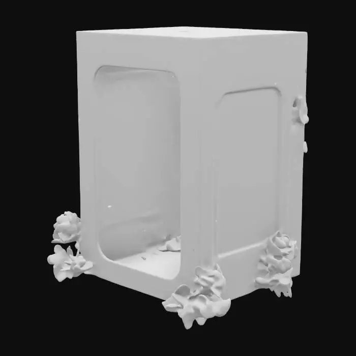 3D model for I want a square 3d matte white, hollow box, with slightly rounded edges, and lighting on the inside. It should have a glass panel on one side, but not the entirety of it, there should be a small margin between the box and the glass. this is meant to be a photobooth. i want different options, like themed for valentines, birthdays, parties, and other events. for example, the valentines booth should have roses along the edges on the outside as well as some on the inside in a decorative manner.