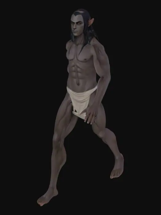 3D model for A neutral T-pose base model of a fantasy Dark Elf character, male, for character creation. The model should be lean and tall, with elongated limbs and a graceful but intimidating silhouette. . Eyes are  slightly sunken, giving a piercing, predatory look. Facial features are angular and sharp: high cheekbones, narrow chin, slightly hooked or sharp nose, and pointed ears that sweep back rather than up. Hair is long, straight or slightly wavy, worn loose to reveal facial structure. Expression is neutral.  simple cloth loincloth to show body shape without obscuring mesh. No armor or weapons. Stylized realism art style, similar to early 2000s MMORPGs like EverQuest or Morrowind—chunky details, painterly textures, and game-ready proportions. Clean topology for later customization and rigging.