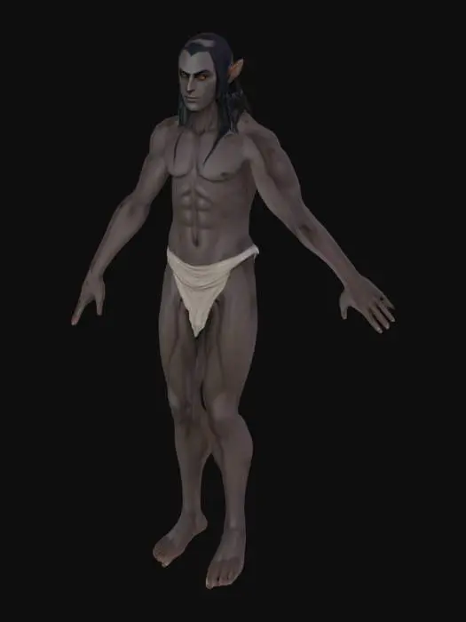 3D model for A neutral T-pose base model of a fantasy Dark Elf character, male, for character creation. The model should be lean and tall, with elongated limbs and a graceful but intimidating silhouette. . Eyes are  slightly sunken, giving a piercing, predatory look. Facial features are angular and sharp: high cheekbones, narrow chin, slightly hooked or sharp nose, and pointed ears that sweep back rather than up. Hair is long, straight or slightly wavy, worn loose to reveal facial structure. Expression is neutral.  simple cloth loincloth to show body shape without obscuring mesh. No armor or weapons. Stylized realism art style, similar to early 2000s MMORPGs like EverQuest or Morrowind—chunky details, painterly textures, and game-ready proportions. Clean topology for later customization and rigging.