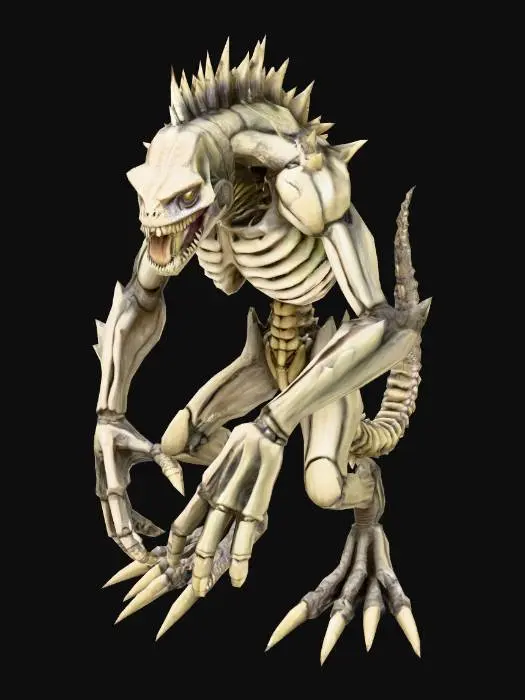 3D model for In A-Pose. A terrifying colossal humanoid creature with reptilian features reminiscent of a kaiju, made entirely of bones, without muscles, without organs, with ugly teeth with a short tail and long arms and a protruding chin, full of spines throughout the bone structure, similar to a fossil
