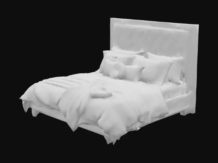 3D model for Luxury king bed → detailed headboard, velvet fabric, pillows and blankets included