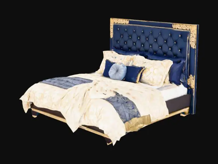 3D model for Luxury king bed → detailed headboard, velvet fabric, pillows and blankets included