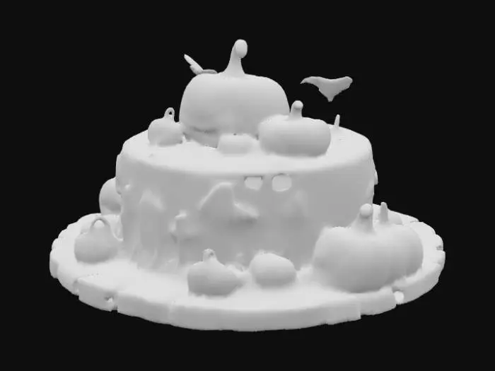 3D model for model of a Halloween decorated cake in cartoon style. The cake is round, layered, with smooth fondant texture in bright orange and black colors. On top, several small pumpkins and Jack-o’-lanterns with glowing carved faces are placed as decoration. Around the bottom of the cake, a spooky cemetery scene wraps around, including gravestones, crosses, cracked stone, and eerie details. Add soft Halloween atmosphere with playful spooky vibe. High resolution, 8K texture, stylized cartoon look, highly detailed. , #food#