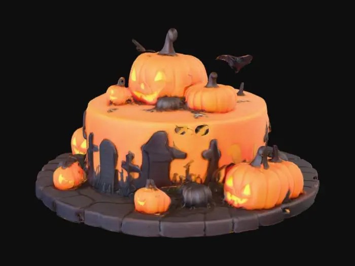 3D model for model of a Halloween decorated cake in cartoon style. The cake is round, layered, with smooth fondant texture in bright orange and black colors. On top, several small pumpkins and Jack-o’-lanterns with glowing carved faces are placed as decoration. Around the bottom of the cake, a spooky cemetery scene wraps around, including gravestones, crosses, cracked stone, and eerie details. Add soft Halloween atmosphere with playful spooky vibe. High resolution, 8K texture, stylized cartoon look, highly detailed. , #food#