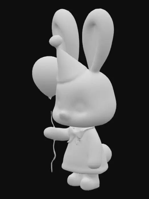 3D model for Personagem coelhinho kawaii com chapéu de festa, segurando balões, estilo pelúcia, textura 8K.