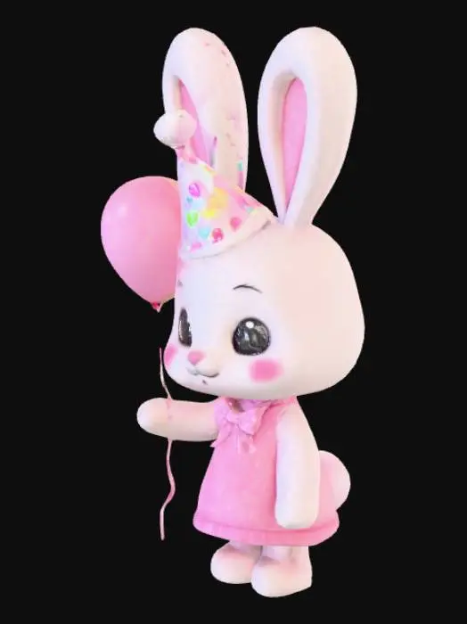 3D model for Personagem coelhinho kawaii com chapéu de festa, segurando balões, estilo pelúcia, textura 8K.
