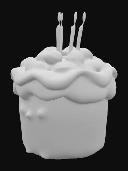 3D model for Personagem kawaii em forma de bolo de aniversário fofinho, com velas coloridas acesas, estilo cartoon, versão pelúcia, textura 8K.