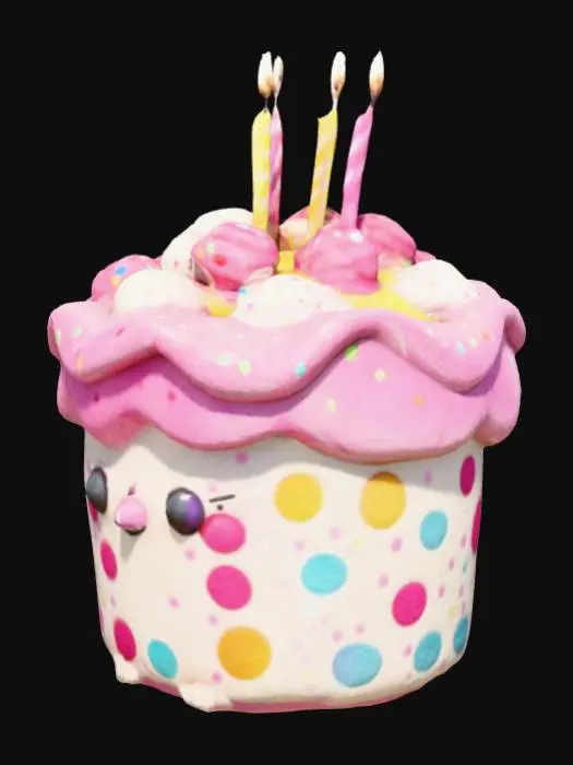 3D model for Personagem kawaii em forma de bolo de aniversário fofinho, com velas coloridas acesas, estilo cartoon, versão pelúcia, textura 8K.