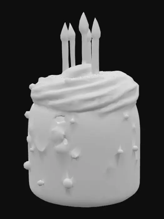3D model for Personagem kawaii em forma de bolo de aniversário fofinho, com velas coloridas acesas, estilo cartoon, versão pelúcia, textura 8K.