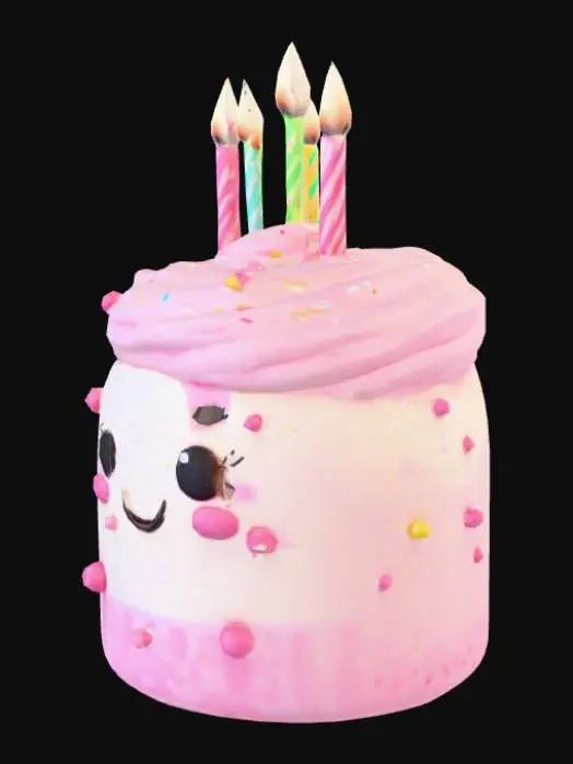 3D model for Personagem kawaii em forma de bolo de aniversário fofinho, com velas coloridas acesas, estilo cartoon, versão pelúcia, textura 8K.