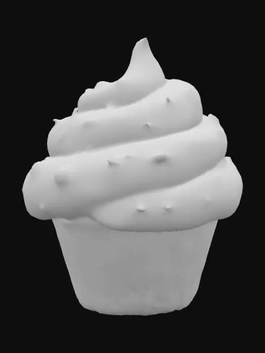 3D model for Cupcake kawaii com rosto feliz, chantilly rosa e confetes coloridos, estilo cartoon, textura 8K.