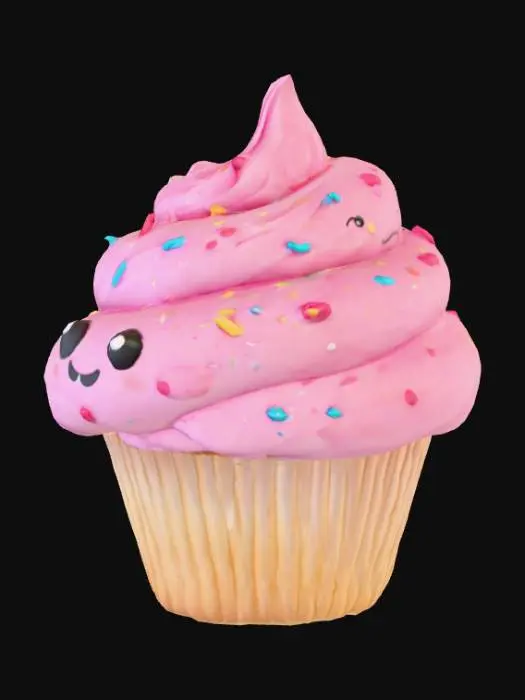 3D model for Cupcake kawaii com rosto feliz, chantilly rosa e confetes coloridos, estilo cartoon, textura 8K.