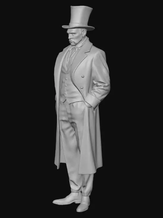 3D model for 1920's silent movie style villian. A tall, lanky man, standing just over six feet, with a frame that seems dark and sinister. His shoulders slope ever so slightly, giving him a perpetual stoop. His signature feature is his  sharply waxed mustache that curls into perfect hooks at the corners of his mouth.  His face is gaunt NS angular with narrow eyes that  gleam with predatory cunning He dresses in an exaggerated style—long black frock coat swirling around his legs, striped trousers, and pointed leather boots  and black silk top hat.