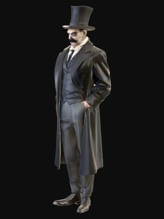3D model for 1920's silent movie style villian. A tall, lanky man, standing just over six feet, with a frame that seems dark and sinister. His shoulders slope ever so slightly, giving him a perpetual stoop. His signature feature is his  sharply waxed mustache that curls into perfect hooks at the corners of his mouth.  His face is gaunt NS angular with narrow eyes that  gleam with predatory cunning He dresses in an exaggerated style—long black frock coat swirling around his legs, striped trousers, and pointed leather boots  and black silk top hat.
