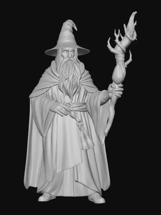 3D model for Wizard with a blue cloak and hat, long beard, holding a staff made from a tree branch with a green stone at the end