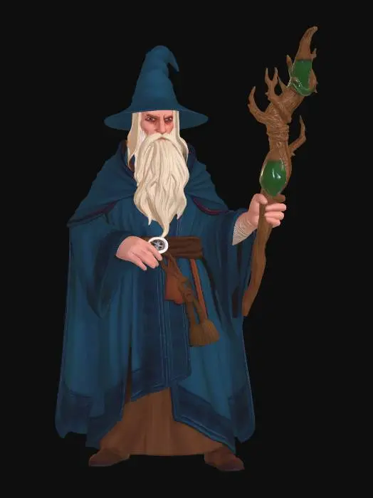 3D model for Wizard with a blue cloak and hat, long beard, holding a staff made from a tree branch with a green stone at the end