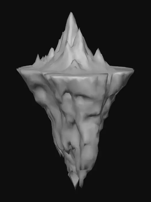 3D model for A floating island with an almost perfect plateau top, tapering to a point at the bottom. The terrain is deserted, with subtle valleys and tiny cracks running across the surface. The surface is textured with rocky formations and smooth gradients, in deep purple and indigo tones. The overall form is stable yet surreal, with clear geometric structure and natural imperfections giving it a dreamy, floaty appearance