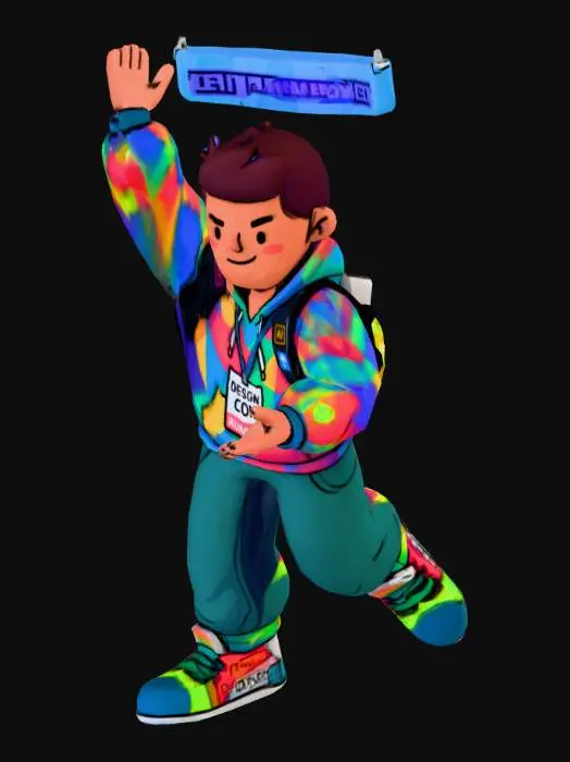 3D model for Stylized cartoon conference attendee runner character, exaggerated proportions, oversized head and hands, expressive face, playful confidence. Wearing modern creative-industry outfit with subtle design details. High energy, readable silhouette. In the same style as the reference image